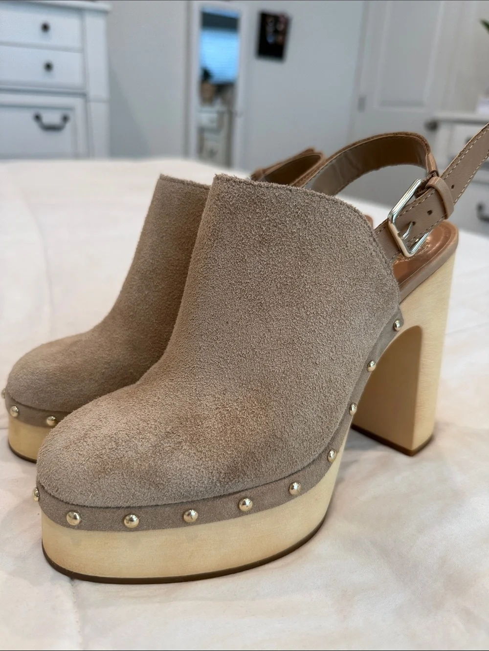 Vince Camuto Taupe Suede Studded Platform Slingbacks